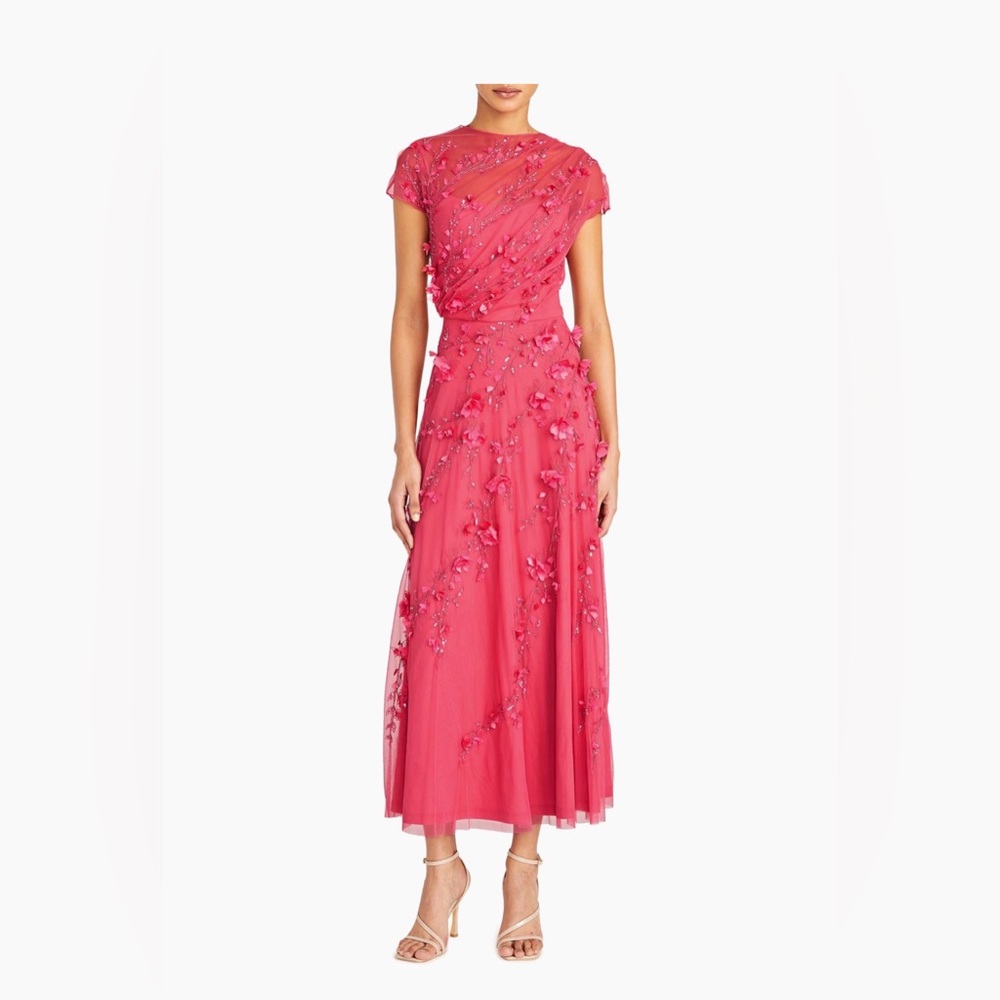 NWT THEIA Embroidered Pink Floral Midi Dress